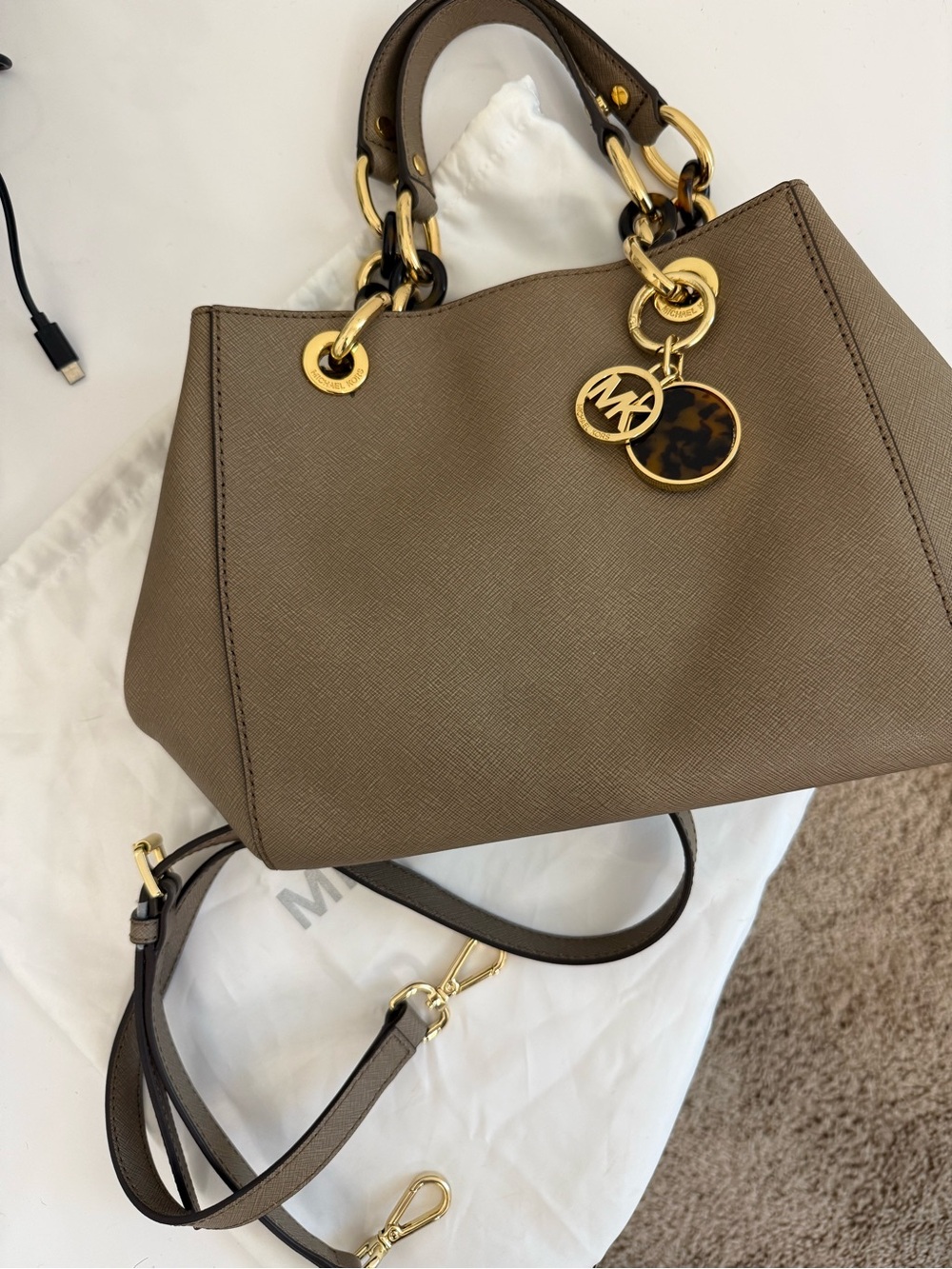 Michael Kors Brown Taupe Saffiano Leather Satchel with Gold Hardware